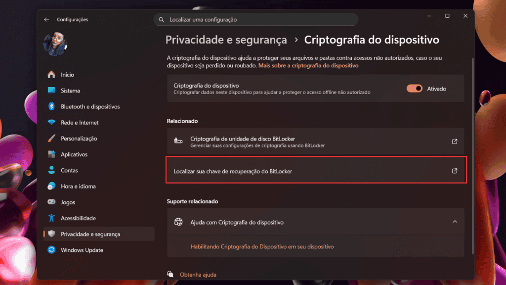 Captura de tela com configuração do Windows 11