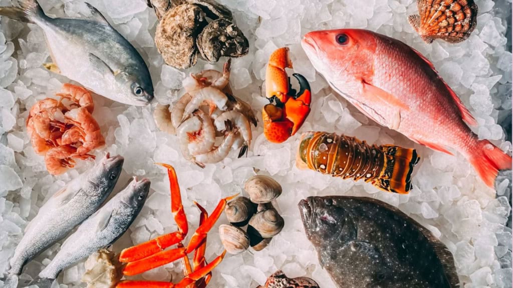Diferentes frutos do mar em cima de gelo