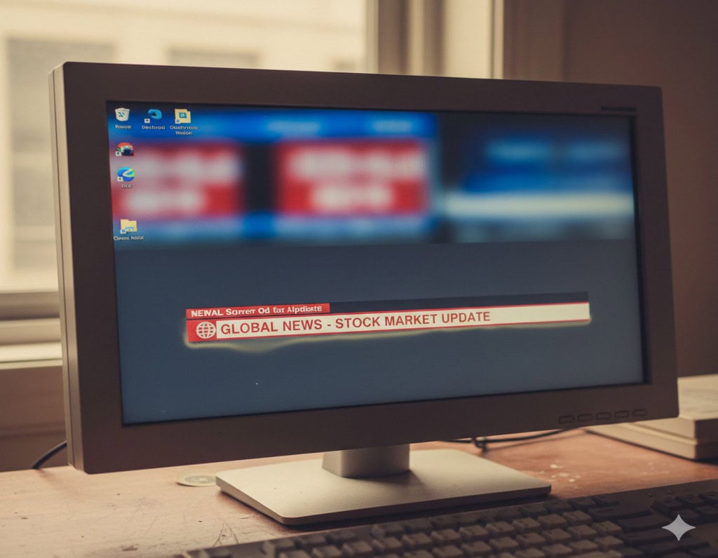Imagem de IA para representar um monitor OLED de primeira geração, exibindo uma imagem de um elemento estático (ticker de notícias)