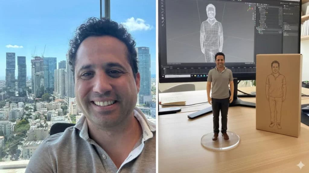 Montagem com selfie de homem e imagem de bonequinho dela gerada pelo Nano Banana do Google