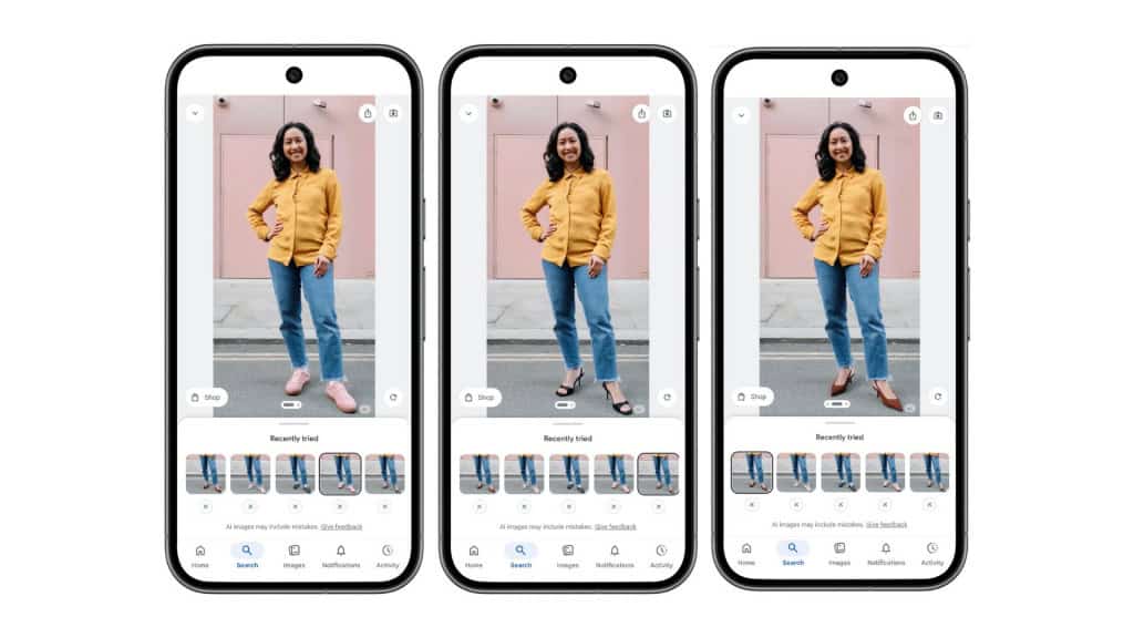 Montagem com imagens de mulher usando sapatos diferentes – todas geradas no Google Shopping