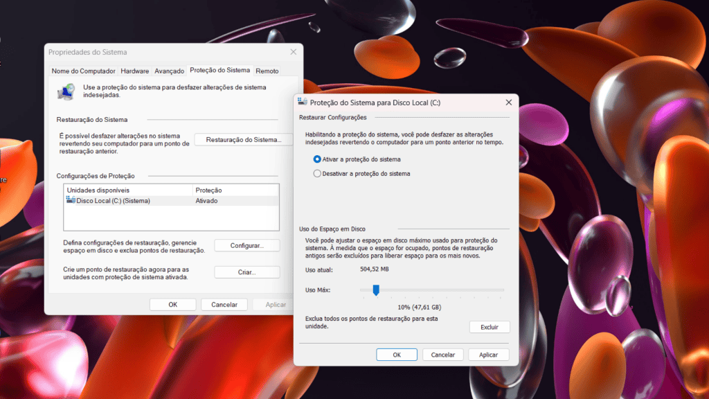Captura de tela com configuração do Windows 11