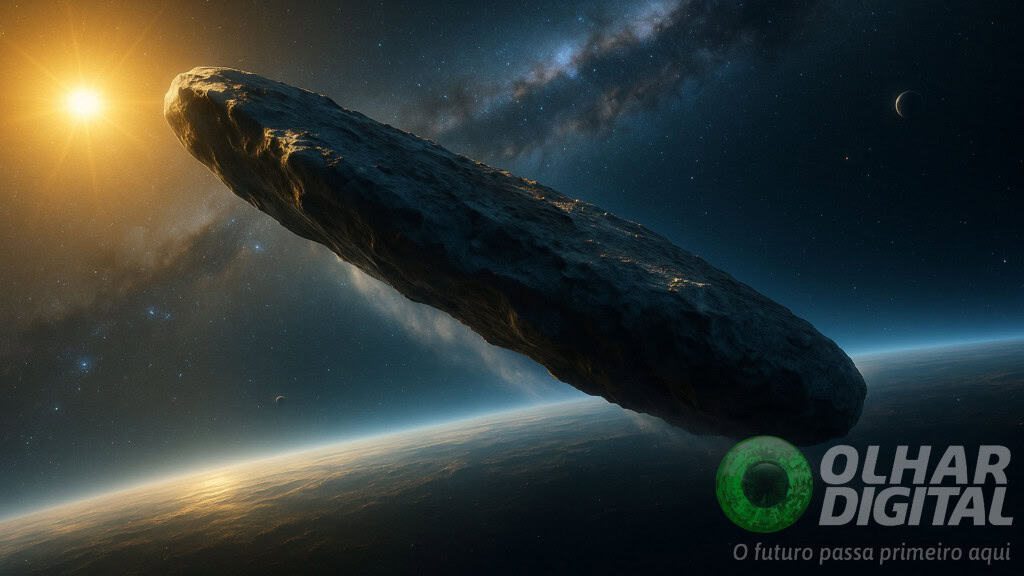 Ilustração de cometa cruzando espaço perto de planeta