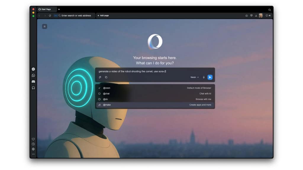 Janela do Opera Neon com barra na qual usuário escolhe comando para gerar vídeos usando Sora 2 da OpenAI