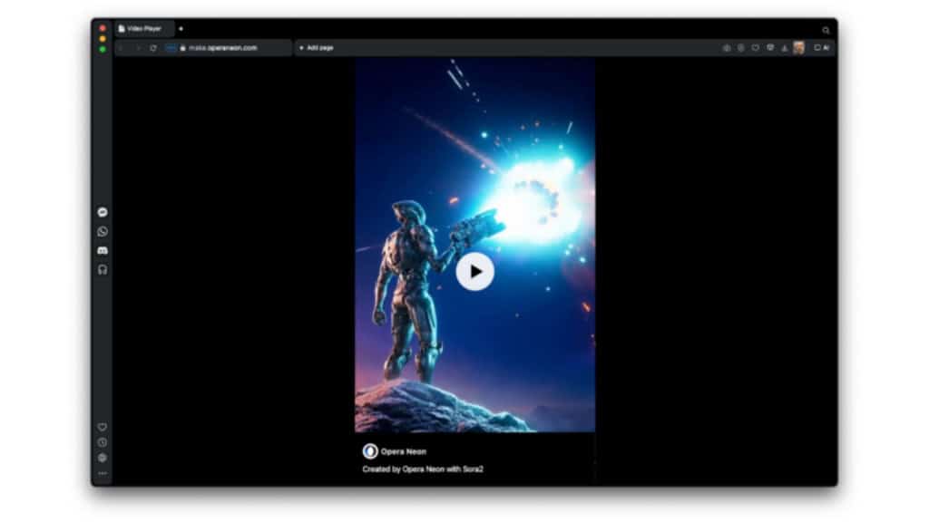 Janela do Opera Neon com vídeo criado por meio do Sora 2 da OpenAI