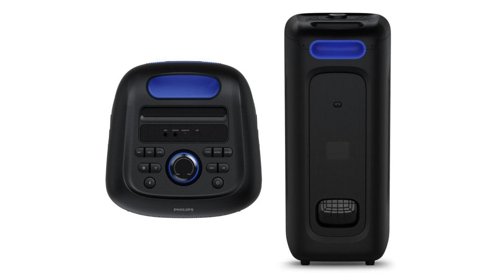 Partes de cima e de trás da caixa de som Philips Party Speaker TAX4000