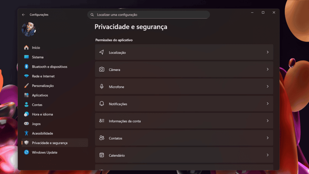 Captura de tela com configuração do Windows 11