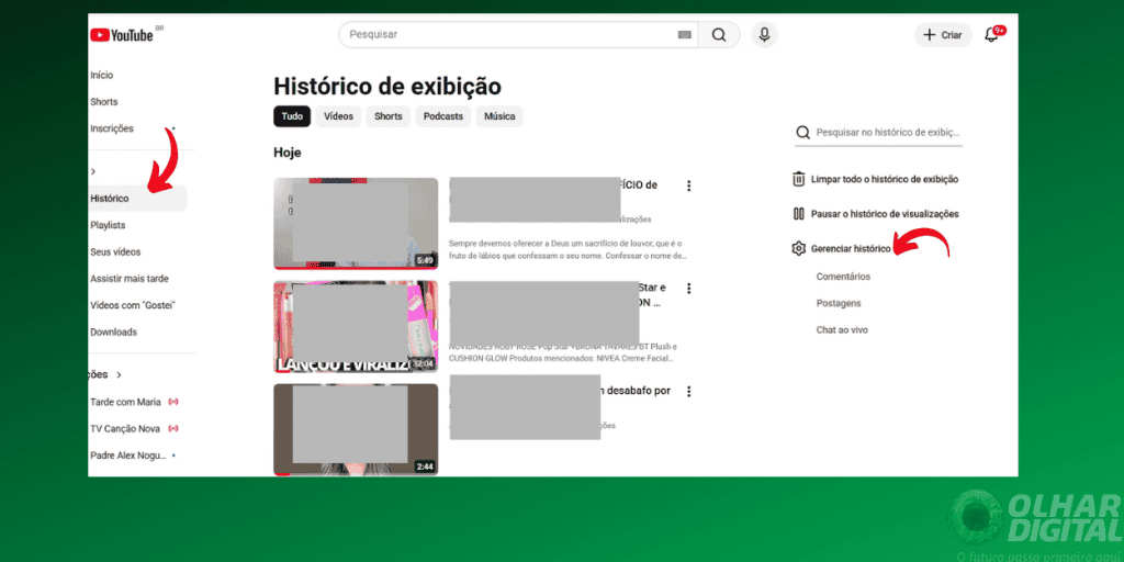 Captura de tela de como gerenciar histórico no YouTube