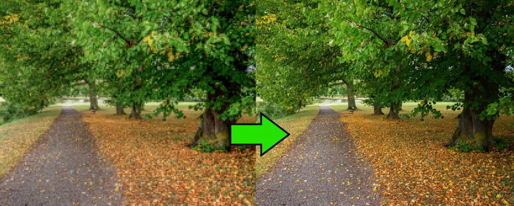 A imagem ilustra a diferença entre uma fonte digital com perda severa de dados (esquerda) e a imagem rica em detalhes (direita). A parte esquerda simula o que acontece quando um vídeo tem uma taxa de bits (bitrate) excessivamente baixa, resultando em falta de detalhe e no aparecimento dos "blocos" de cor (artefatos de compressão)