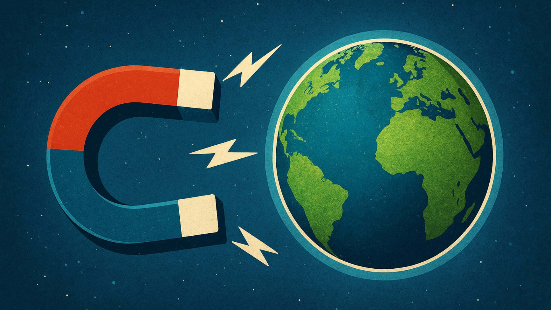 Ilustração de um ímã gigante atraindo a Terra