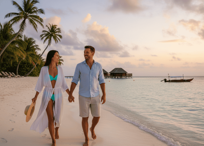 Casal em férias na praia. Imagem criada com IA