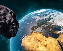 Grande asteroide passando próximo à Terra, ilustração 3D de espaço e astronomia