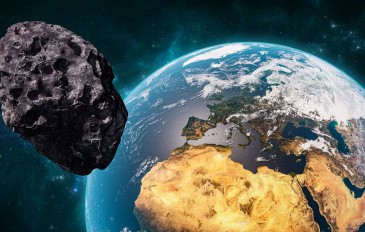 Grande asteroide passando próximo à Terra, ilustração 3D de espaço e astronomia