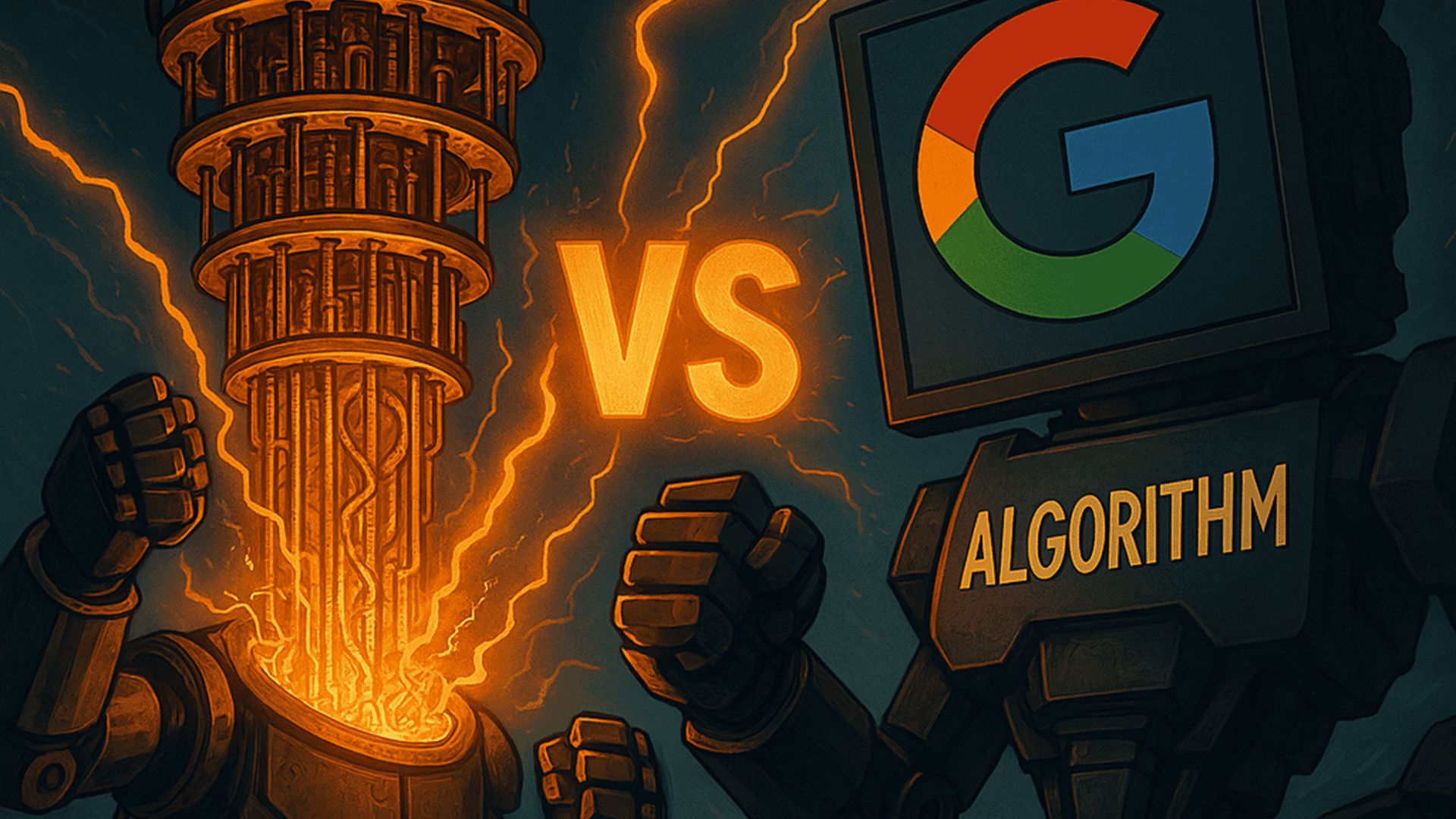 Conceito artístico de um duelo entre um robô com cabeça de supercomputador quântico e outro com uma tela de computador, na qual há o logo do Google