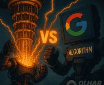 Conceito artístico de um duelo entre um robô com cabeça de supercomputador quântico e outro com uma tela de computador, na qual há o logo do Google
