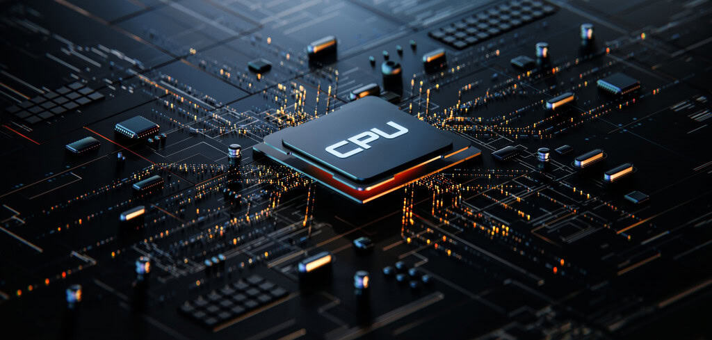 Ilustração 3D de processador de chip de CPU e placa de circuito. 