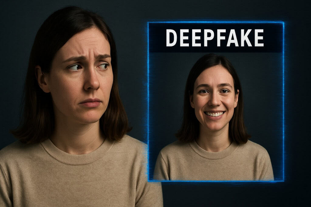 Mulher com cara de desconfiada vendo outro perfil fake se passando por ela