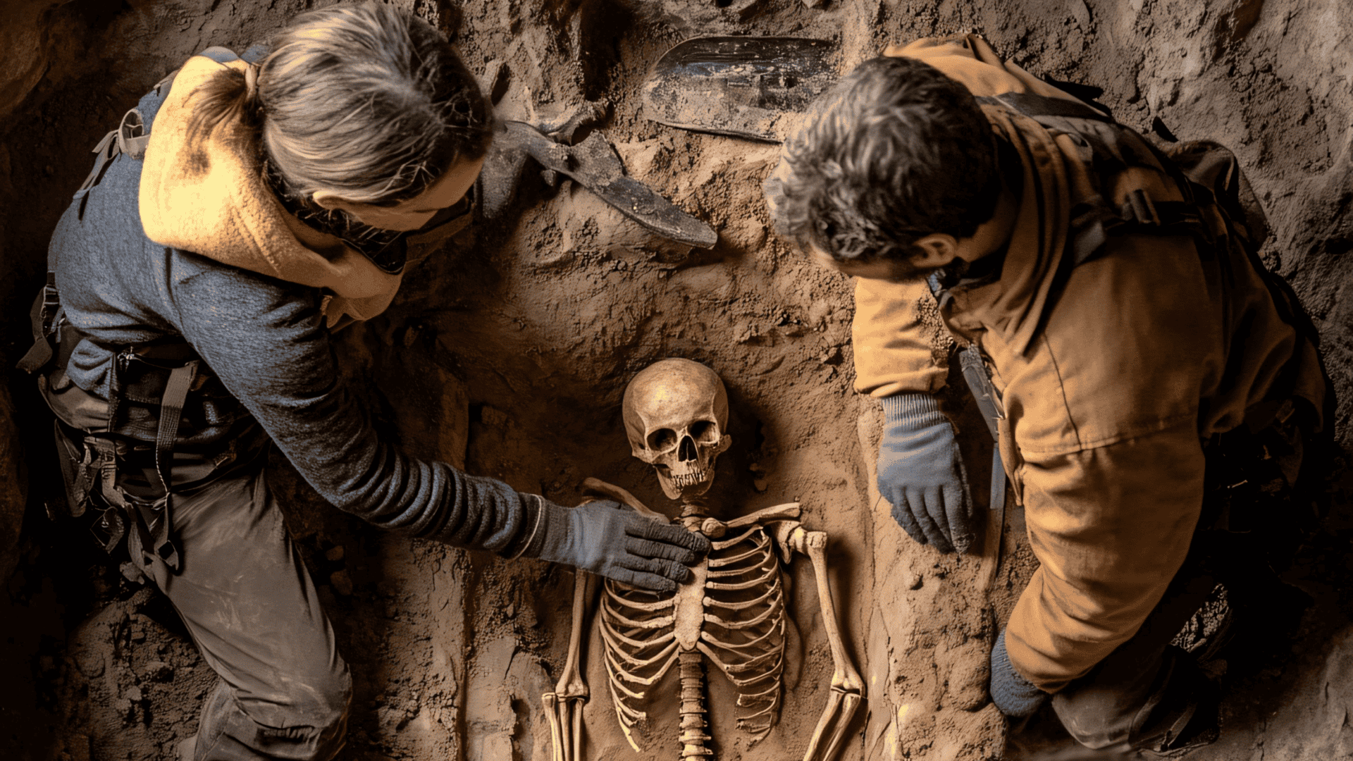 Dois arqueólogos analisam esqueletos humanos parcialmente enterrados em solo escuro durante uma escavação.