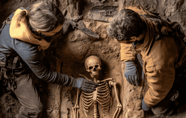 Dois arqueólogos analisam esqueletos humanos parcialmente enterrados em solo escuro durante uma escavação.