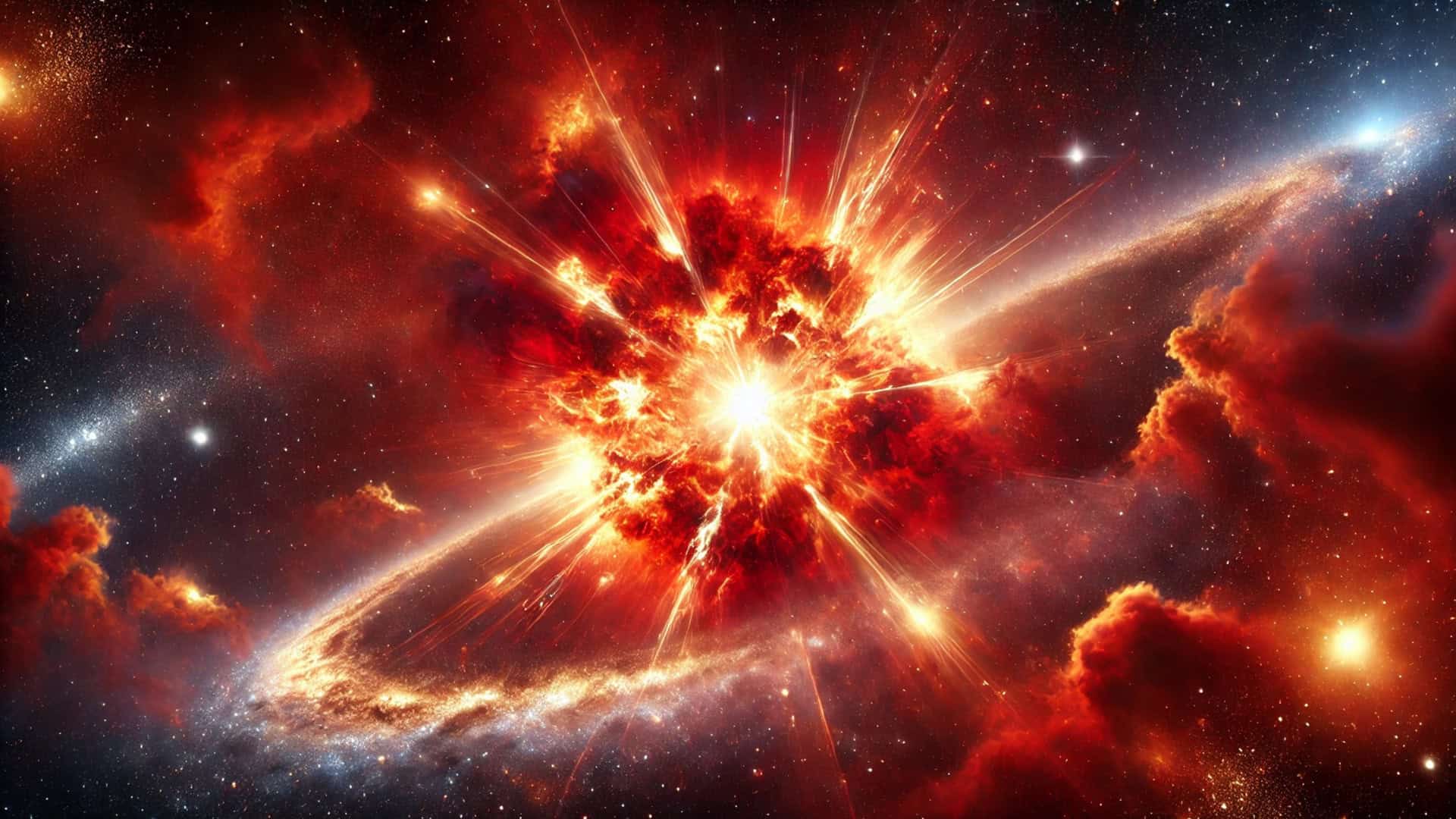 Representação de uma estrela supergigante vermelha explodindo (Imagem gerada por IA via DALL-E/Olhar Digital)