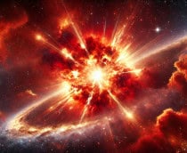Representação de uma estrela supergigante vermelha explodindo (Imagem gerada por IA via DALL-E/Olhar Digital)
