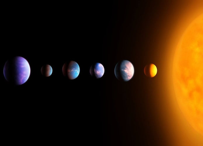 Imagem mostra ilustração de sistema extrasolar com uma estrela e exoplanetas. Planetas de diferentes tamanhos e cores. Panorama espacial