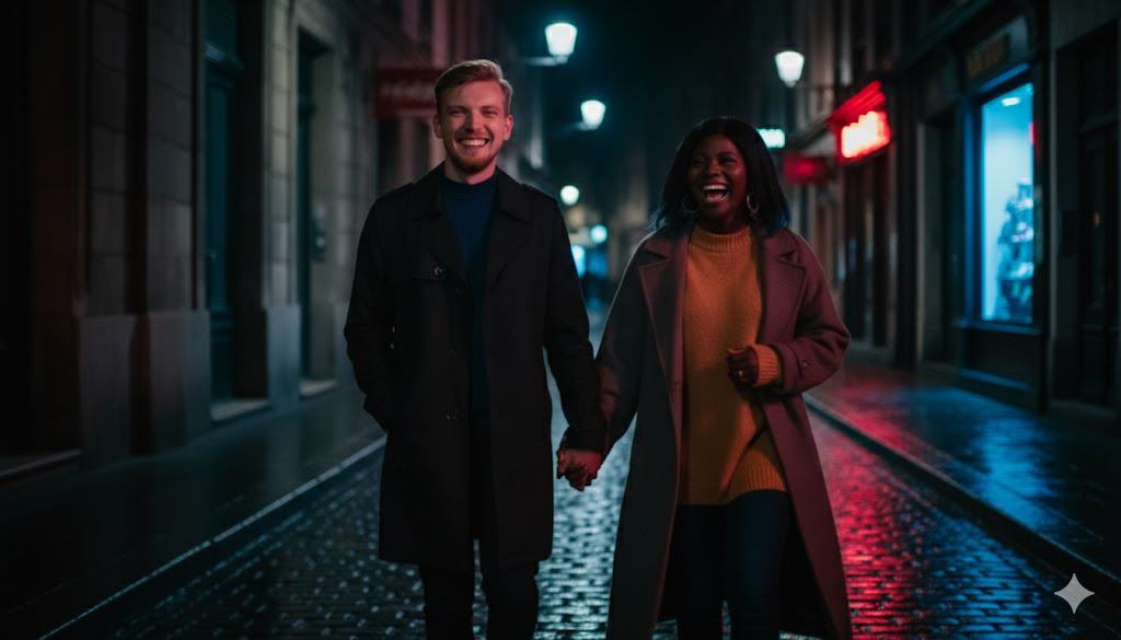 casal andando na rua com iluminação cinematografica