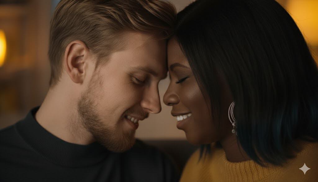 casal em close com as testas juntas em clima romantico