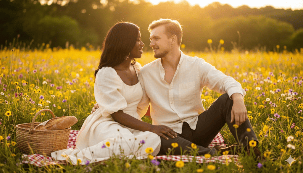 casal em um campo fazendo piquenique