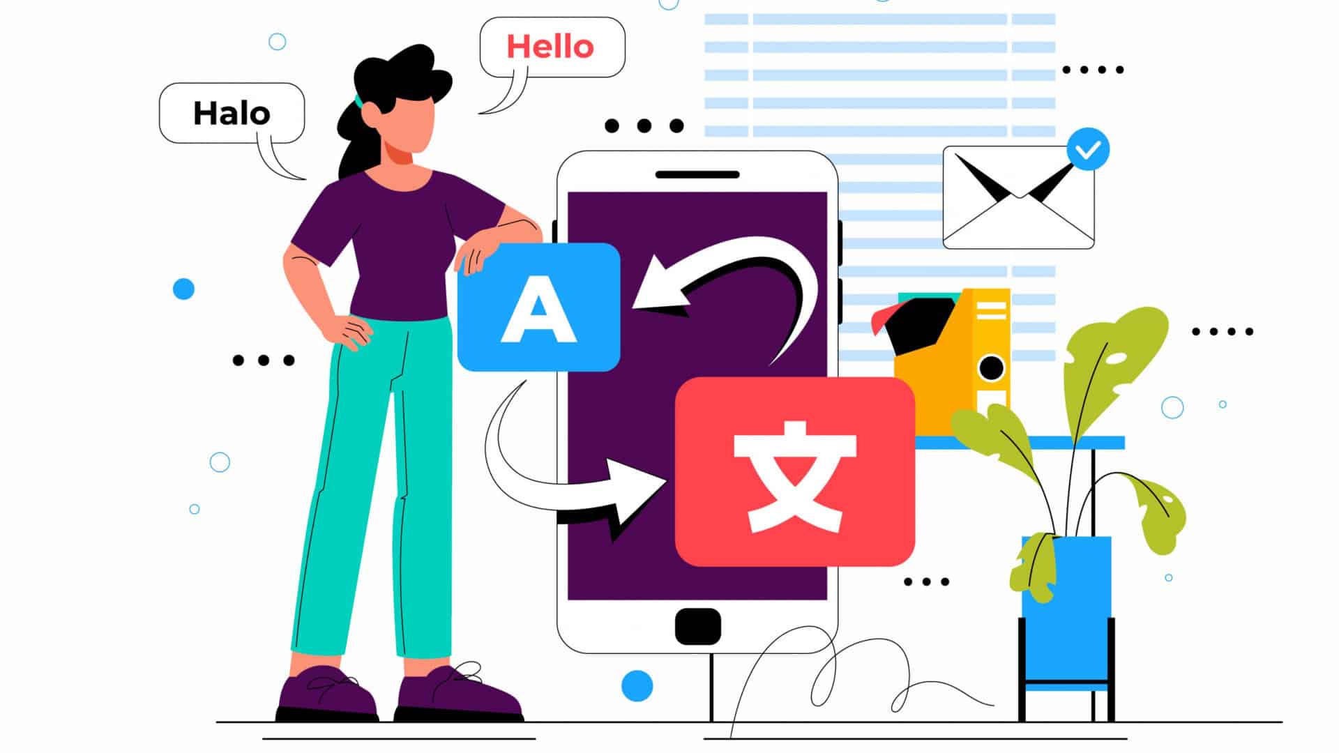 ilustração de uma pessoa com um celular e idiomas diferentes
