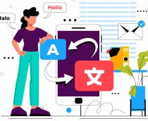 ilustração de uma pessoa com um celular e idiomas diferentes