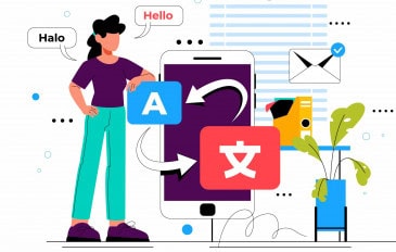 ilustração de uma pessoa com um celular e idiomas diferentes