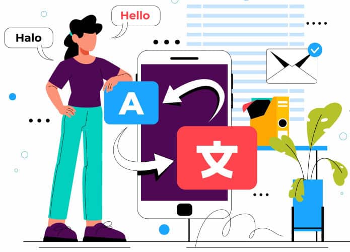 ilustração de uma pessoa com um celular e idiomas diferentes