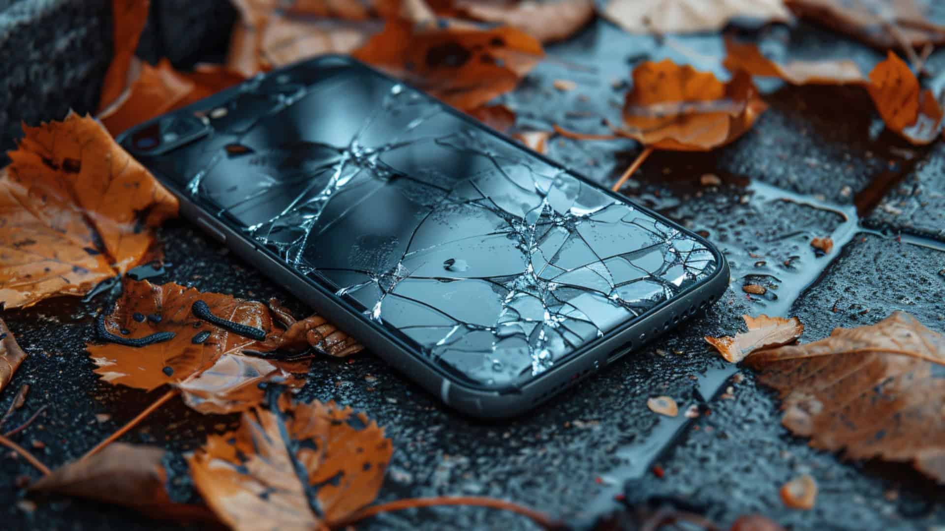 celular com a tela quebrada em uma calçada com folhas
