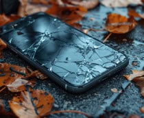 celular com a tela quebrada em uma calçada com folhas
