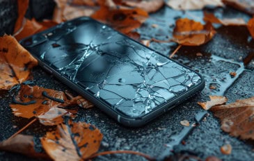 celular com a tela quebrada em uma calçada com folhas