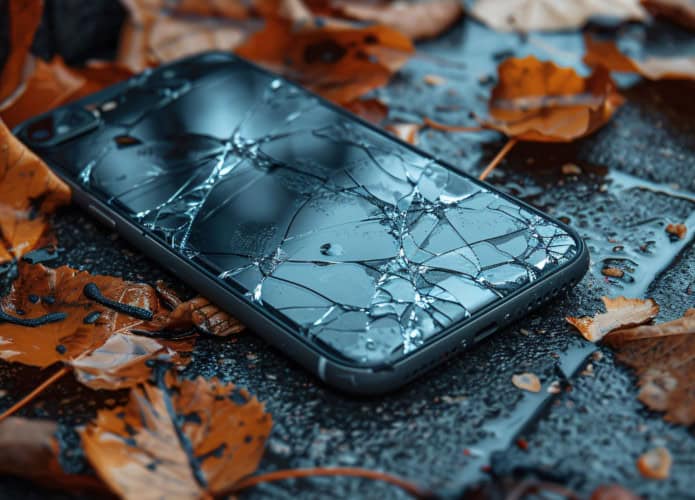 celular com a tela quebrada em uma calçada com folhas