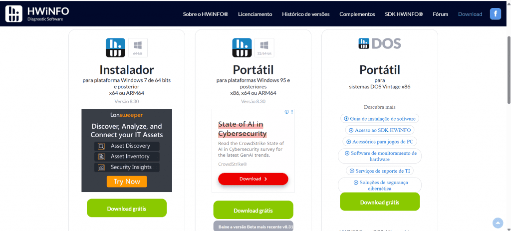 Captura de tela do site do app diagnóstico hwiNFO para Windows