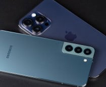 Imagem mostra um celular iPhone e um Samsung Android