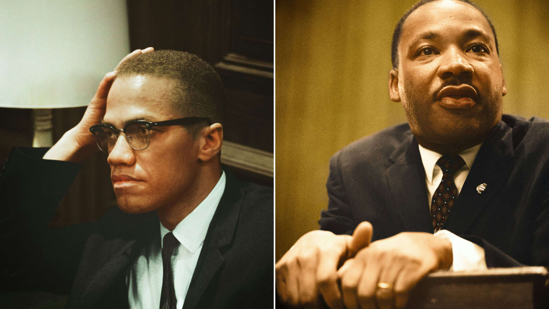 montagem com fotos de malcolm x e martin luther king junior