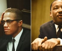 montagem com fotos de malcolm x e martin luther king junior