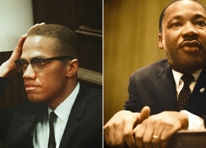 montagem com fotos de malcolm x e martin luther king junior