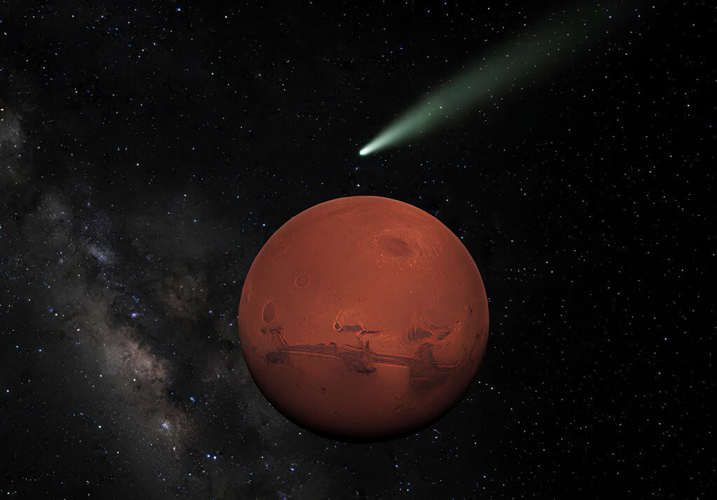 Representação artística do cometa interestelar 3I/ATLAS passando perto de Marte