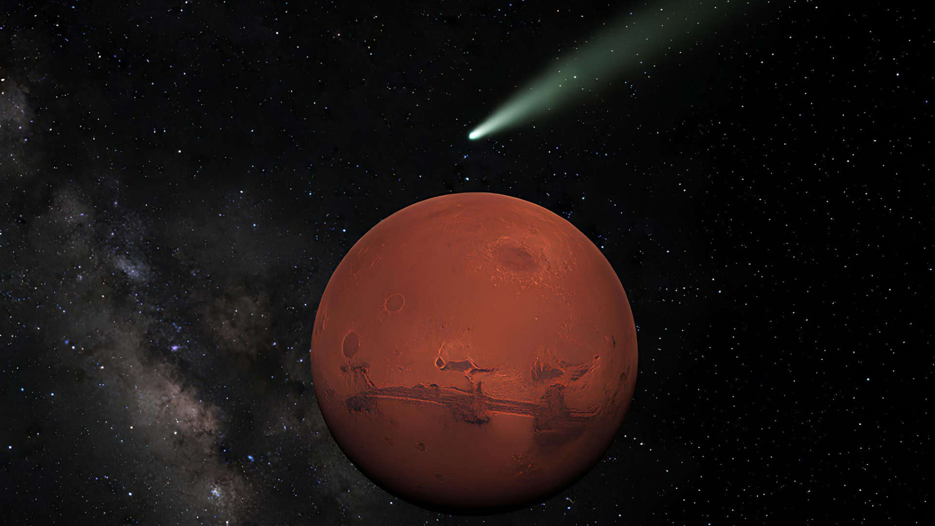 Representação artística do cometa interestelar 3I/ATLAS passando perto de Marte
