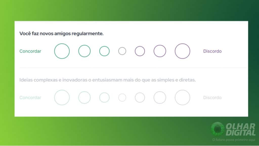 Print de site com os "16 Personalidades" com um exemplo de perguntas presentes no teste
