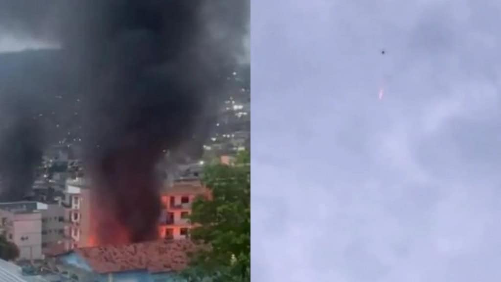 Imagem à esquerda mostra regiões pegando fogo; à direita, drone lançando granadas