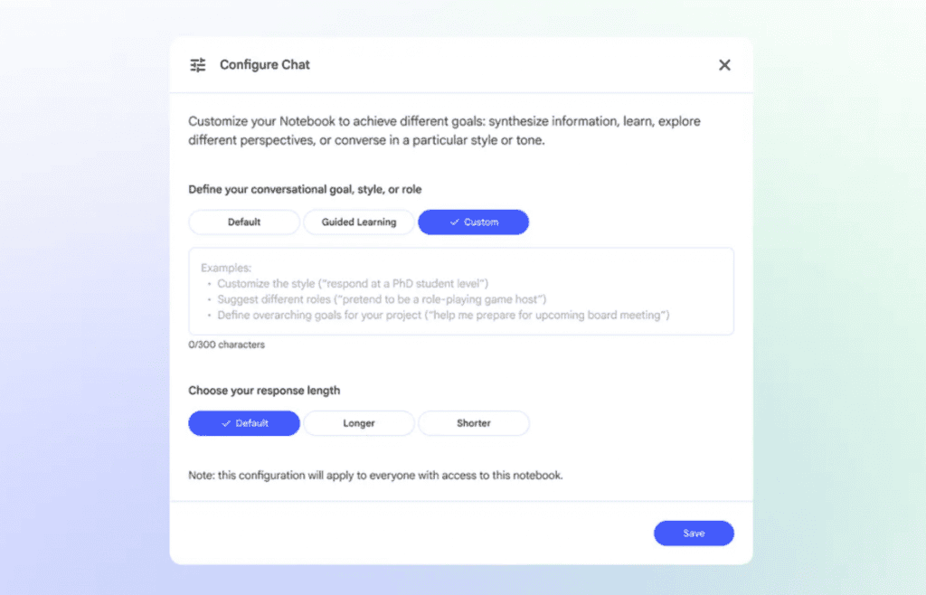 NotebookLM fica mais inteligente com estes novos recursos O NotebookLM está passando por mudanças que, segundo o Google, vão aumentar o desempenho e a qualidade do assistente de IA. A plataforma foi criada para funcionar como um “caderno” moderno: o usuário faz upload de documentos (PDFs, sites, vídeos do YouTube, arquivos de áudio, etc), interage com o Gemini e transforma as fontes em guias de estudo, resumos, visões gerais em áudio, mapas mentais, entre outros.  notebooklm personaliza
