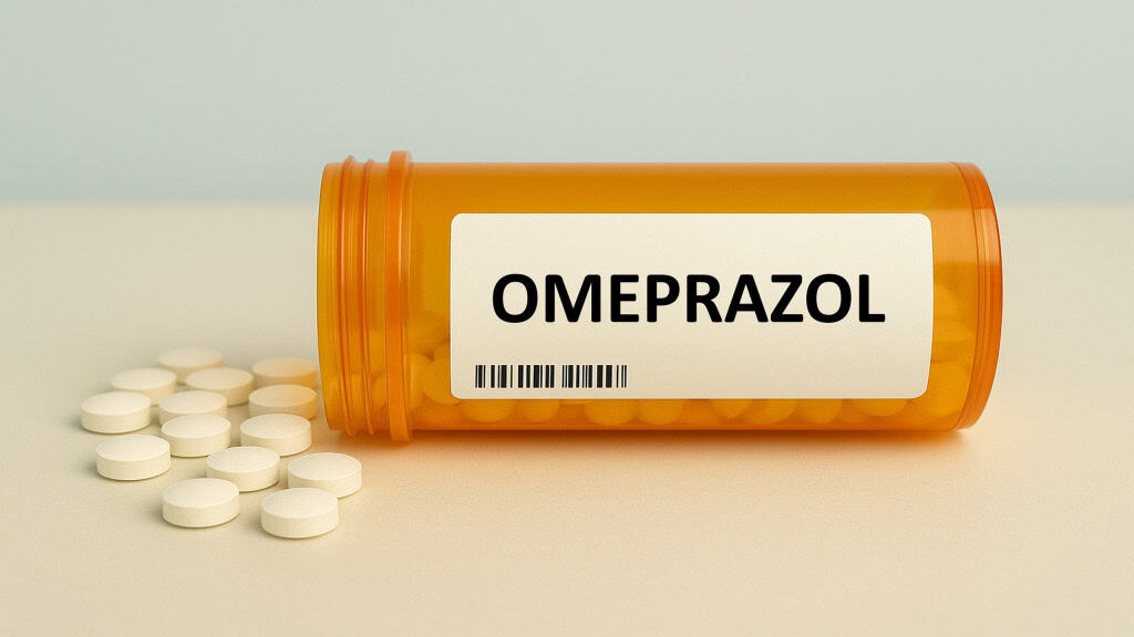Embalagem de Omeprazol com alguns comprimidos do lado de fora