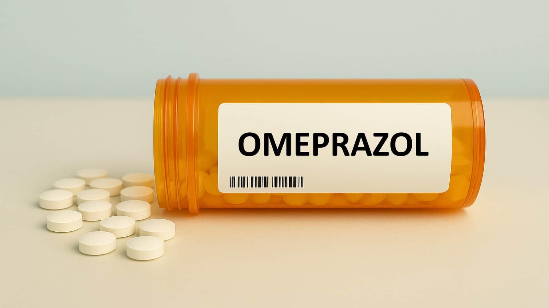 Embalagem de Omeprazol com alguns comprimidos do lado de fora