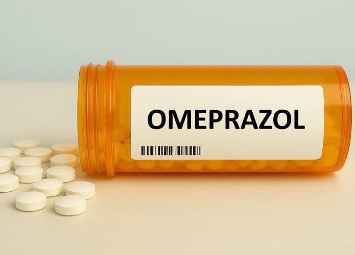 Embalagem de Omeprazol com alguns comprimidos do lado de fora